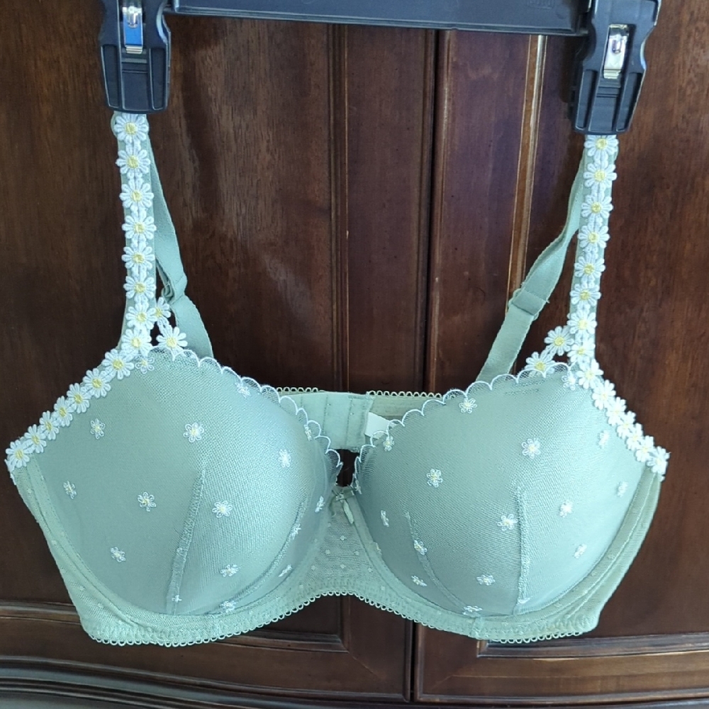 PINK Victoria's Secret Sage Green Daisy Embroidered Bra